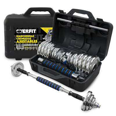 Mancuernas Cromadas 30kg Ajustables + Barra Unibles Overfit