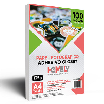 Papel Fotografico Glossy Adhesivo A4 135 Grs Homely 100 Hoja