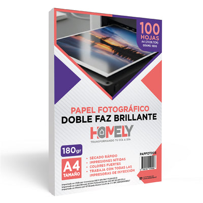 Papel Fotografico Doble Faz Glossy A4 180g Homely 100 Hojas Blanco
