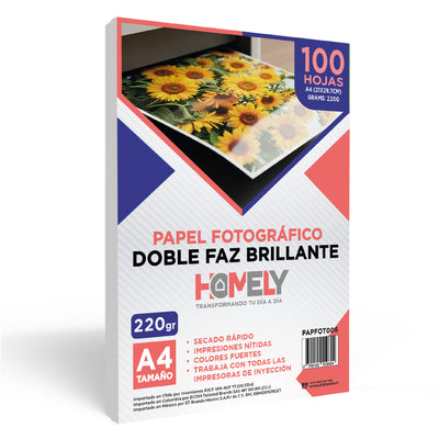 Papel Fotografico Doble Faz Glossy A4 220g Homely 100 Hojas Blanco