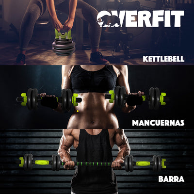 Set Mancuernas + Barra + Kettlebell Unibles Overfit 20kg