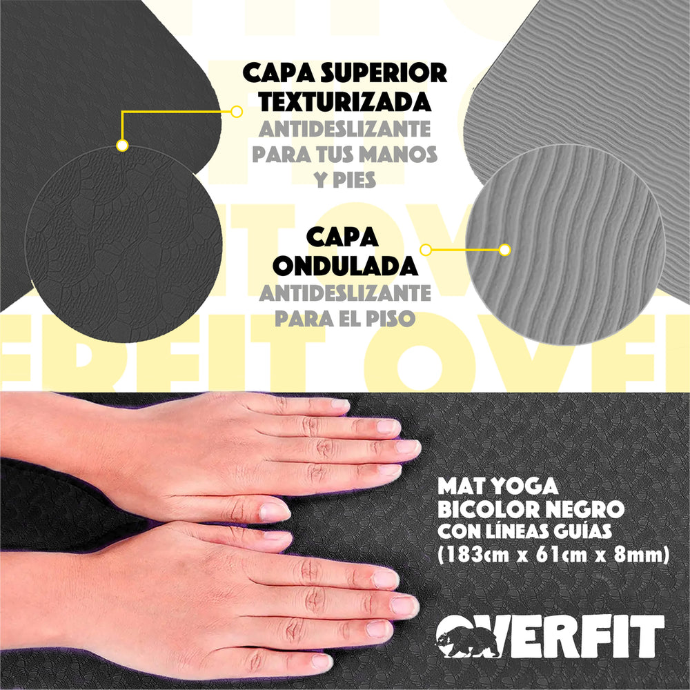 Mat Yoga TPE Overfit 183x61cm 8mm Bicolor Negro Lineas