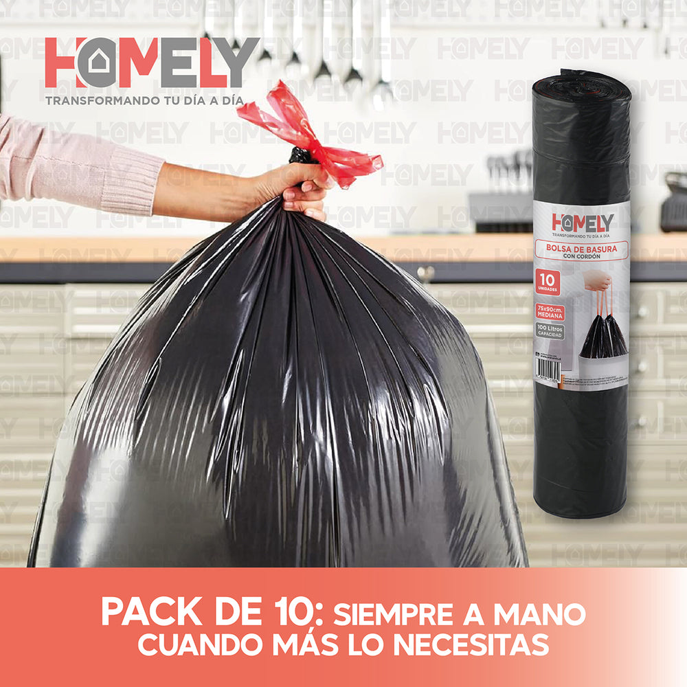 Bolsas Basura 75x90cm Con Cordon 10U Homely 100L Resistente