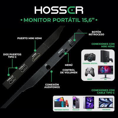 Monitor Notebook Portátil Gaming 15.6 Pulgadas Hosser Full HD Con Parlante LCD Negro