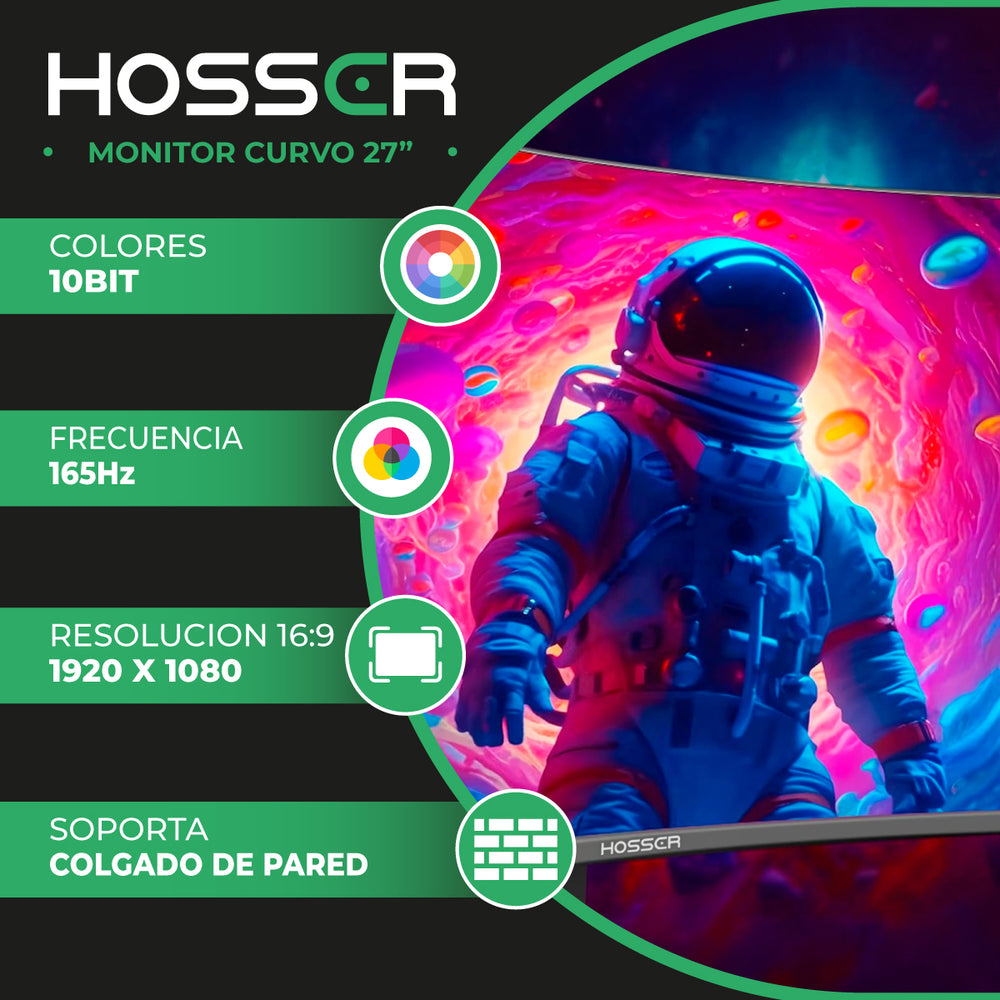 Monitor Gamer Curvo 27" Hosser Fhd 165Hz Gaming Freesync 1ms