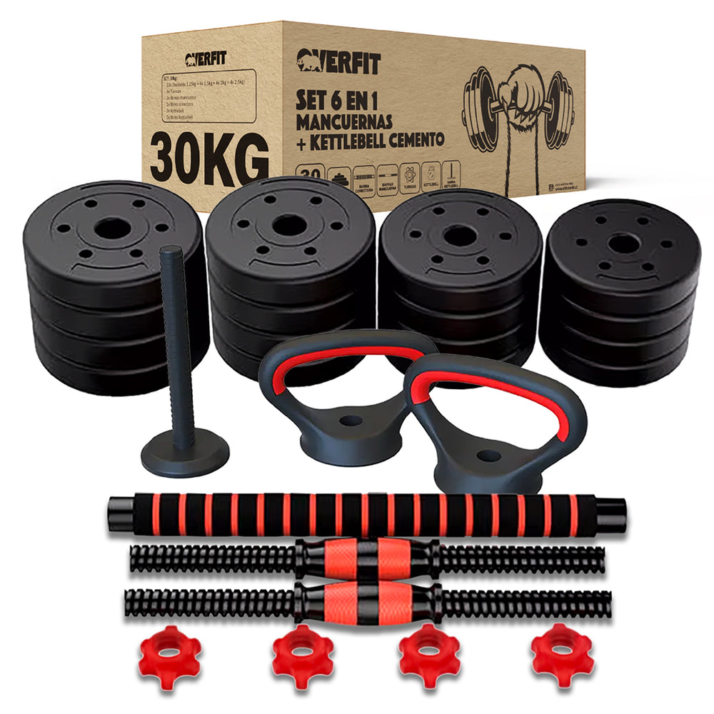 Set Mancuernas + Barra + Kettlebell Unibles Overfit 30kg