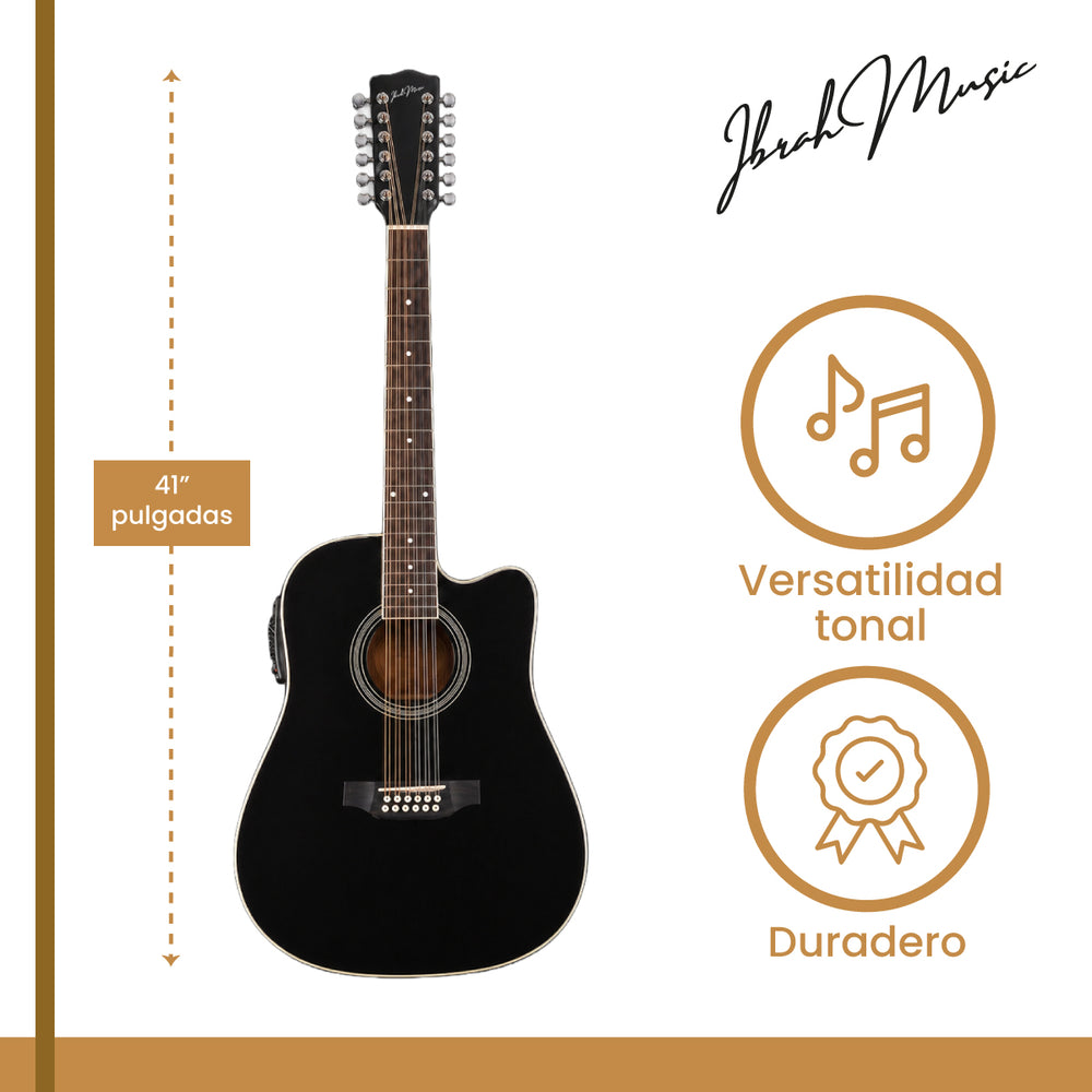 Guitarra Electroacustica De 12 Cuerdas Ibrah Music 41" Color Negra Con Funda De Transporte Y Pack Accesesorios - Default Title
