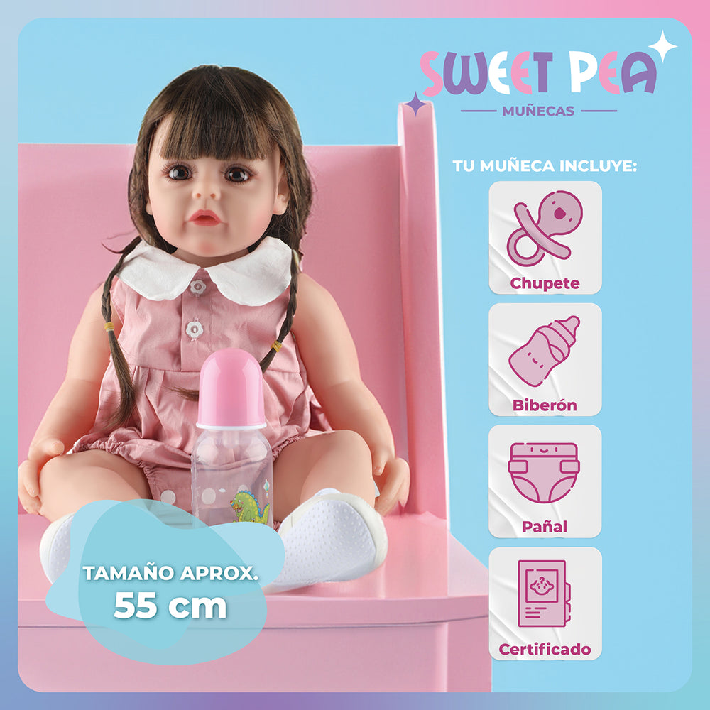 Bebe Reborn Vestido Rosado Sweet Pea Realista Silicona 55 Cm