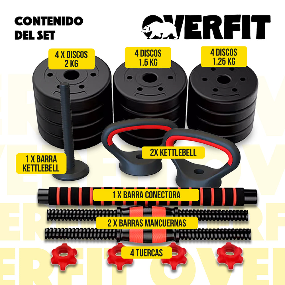 Set Mancuernas + Barra + Kettlebell Unibles Overfit 20kg