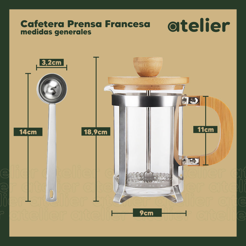 Cafetera Francesa 600ml Atelier Prensa Vidrio Acero Inoxidable Portatil Con Dosificador