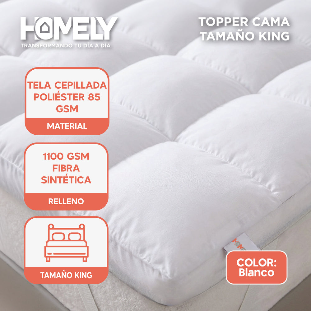 Topper Cubre Colchon King Homely Acolchado Hipoalergenico Eslastico Premium Blanco Protector Viscoelastico