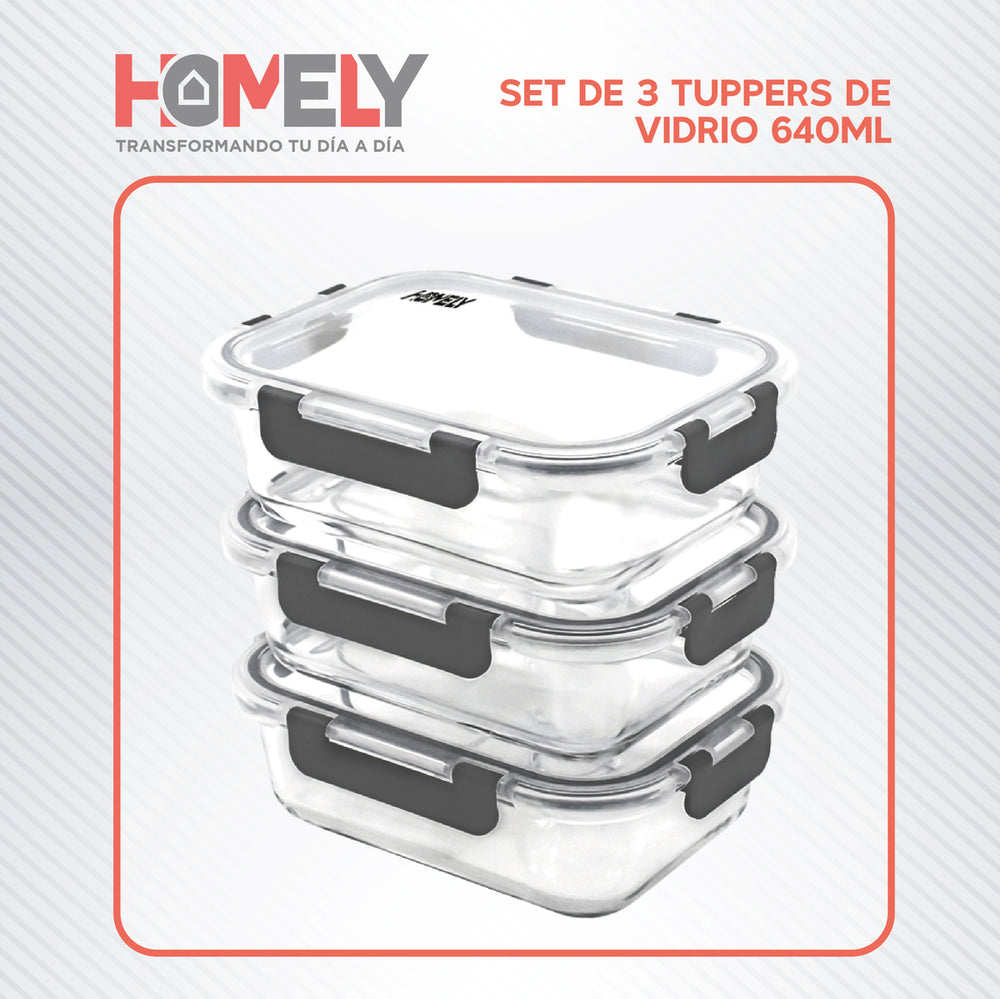 Tupper Frasco Vidrio 640 Ml Templado Hermetico Set x3 Homely