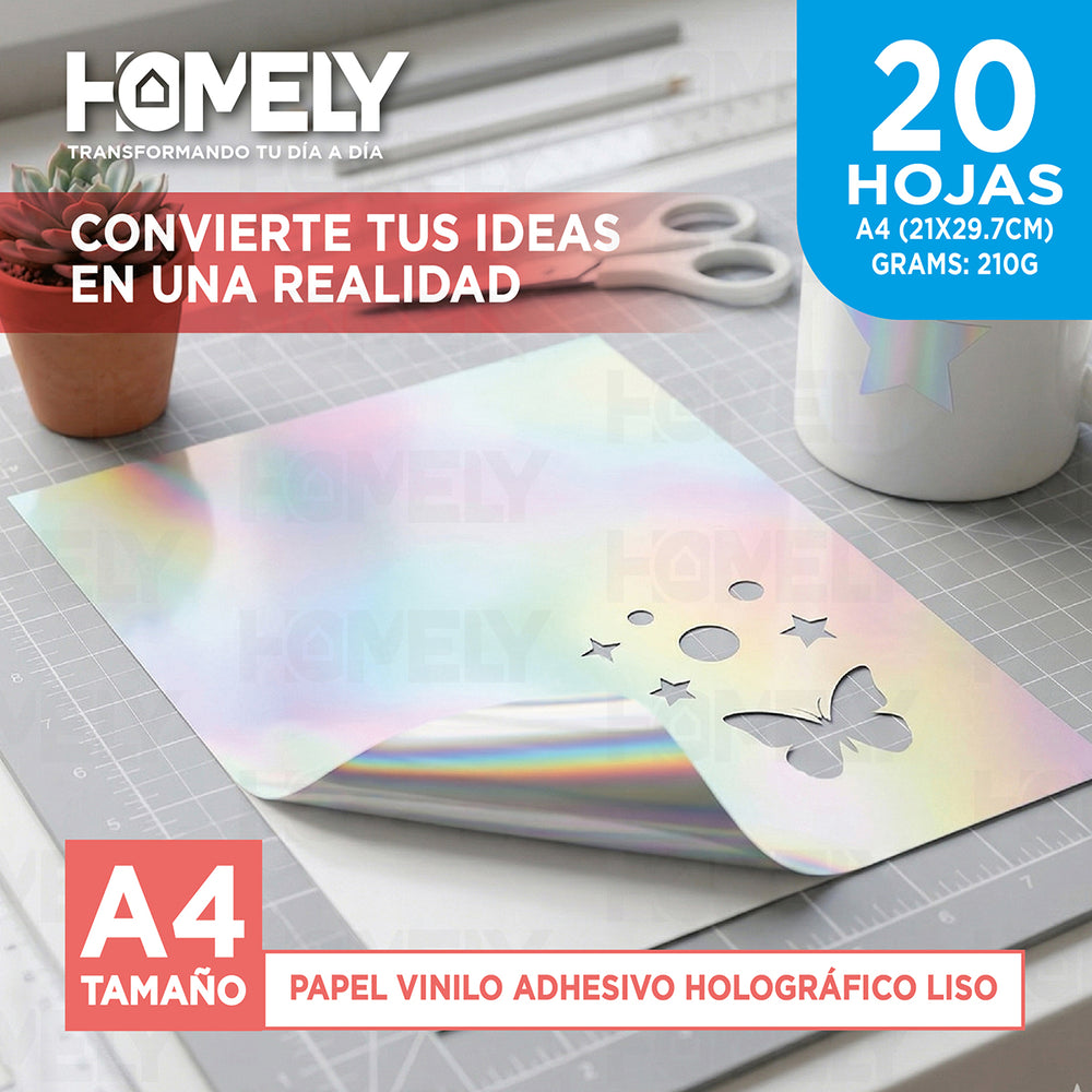 Papel Vinilo Adhesivo Holografico A4 20 Hojas Homely 210g Blanco