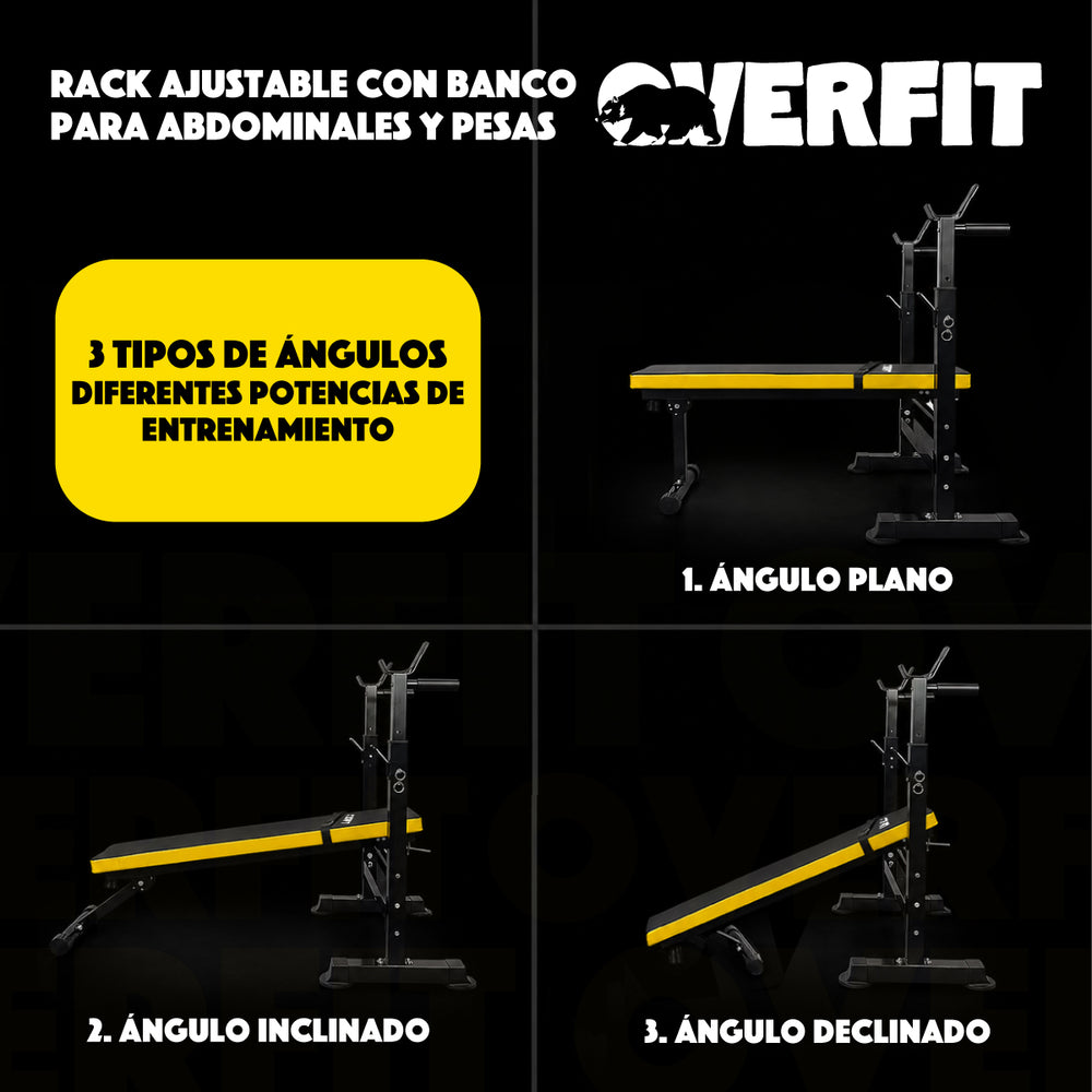 Banco Gym Con Rack Press Banca Pro Overfit Color Negro