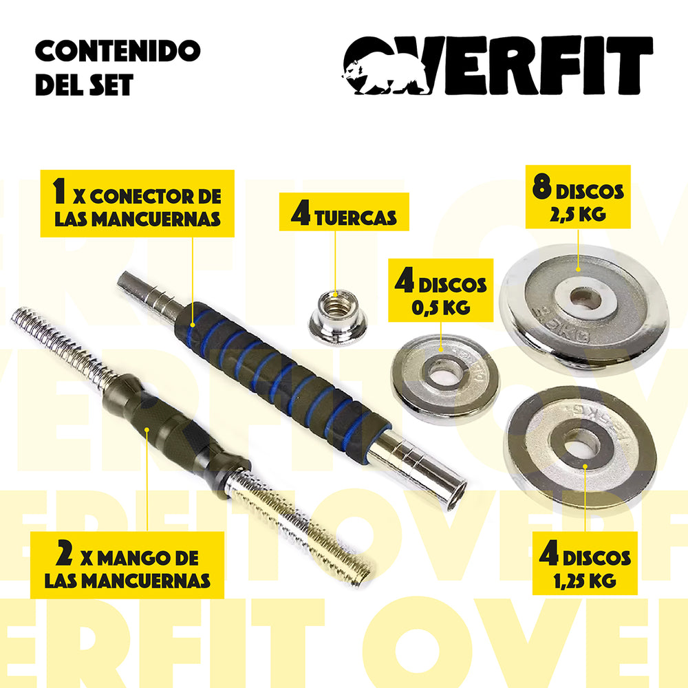 Mancuernas Cromadas 30kg Ajustables + Barra Unibles Overfit