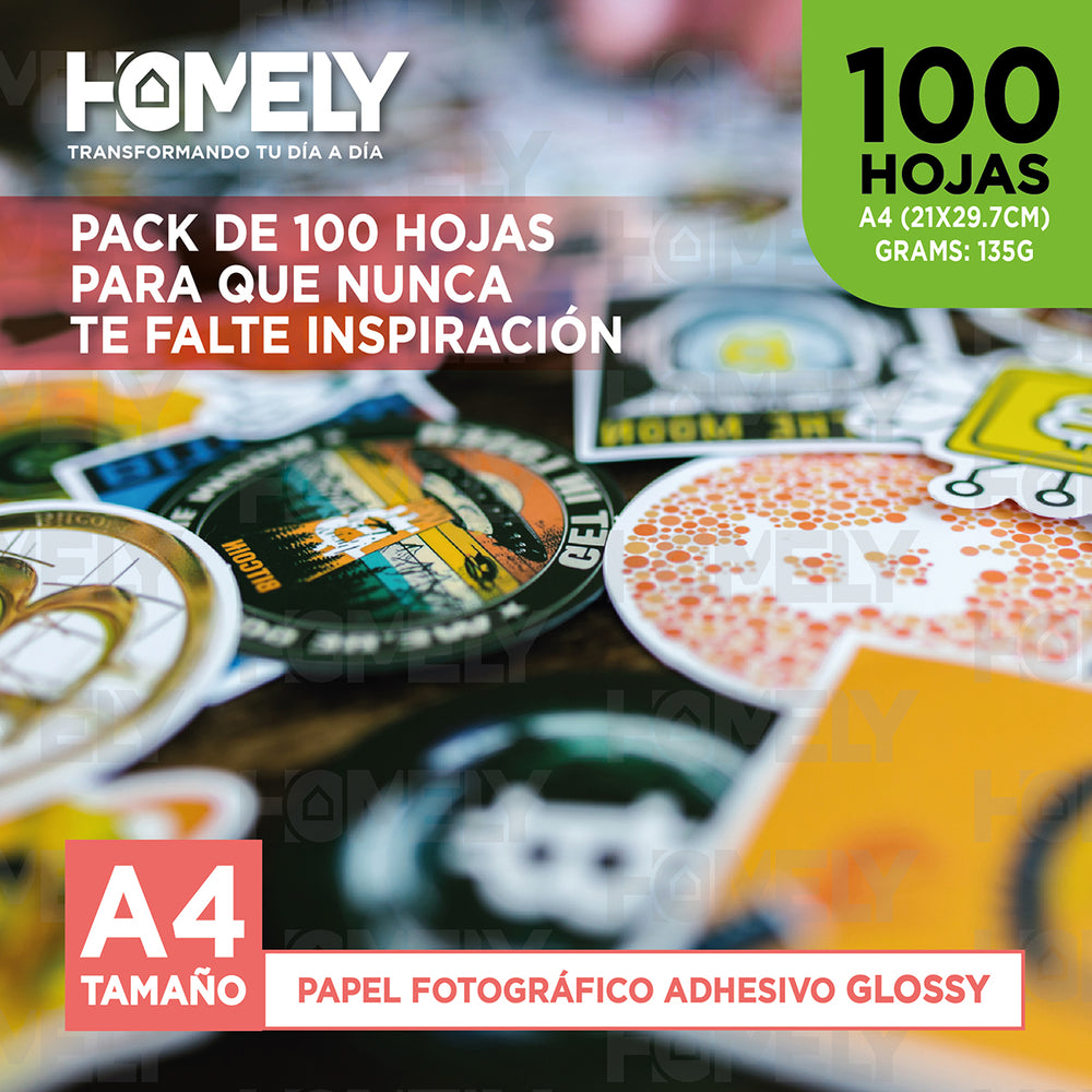 Papel Fotografico Glossy Adhesivo A4 135 Grs Homely 100 Hoja