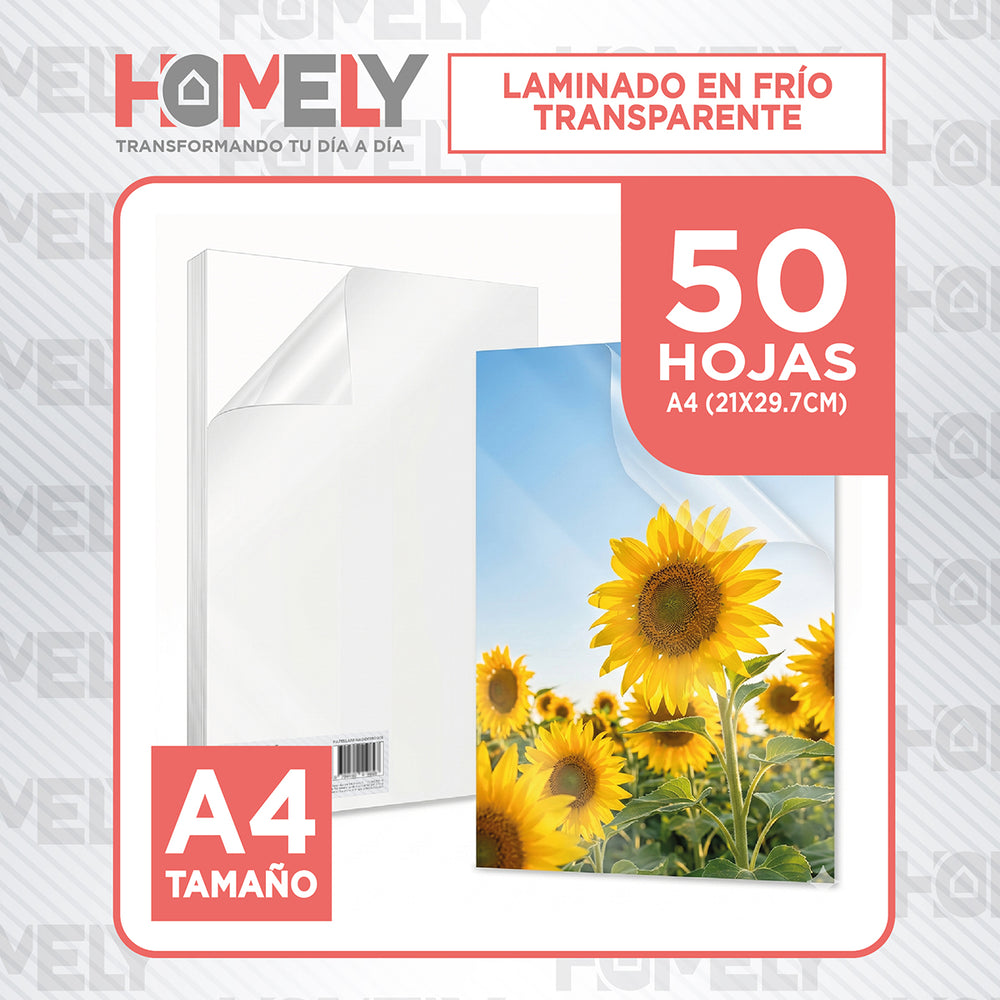 Papel Laminado Frio Adhesivo Transparente A4 Homely 50 Hojas