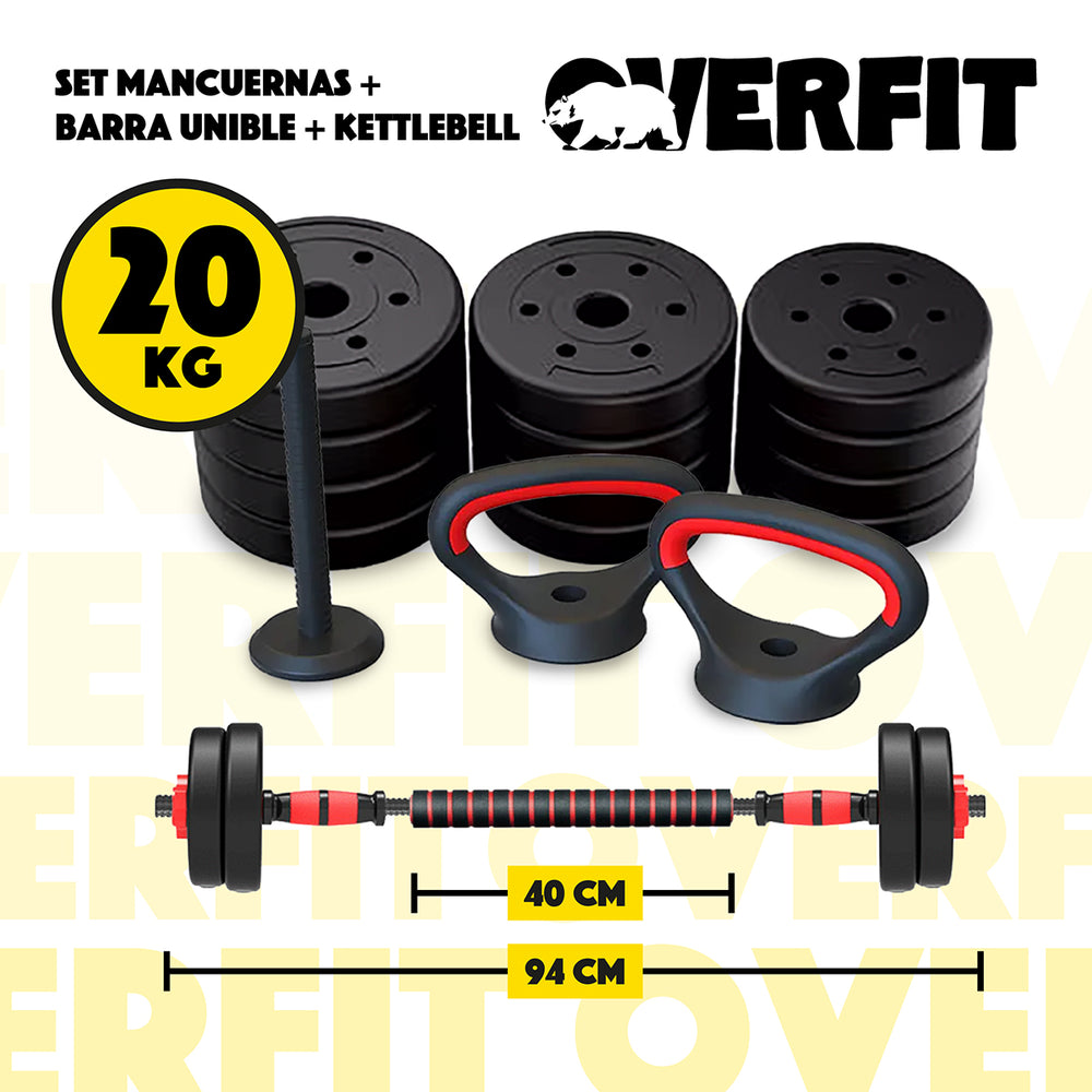 Set Mancuernas + Barra + Kettlebell Unibles Overfit 20kg