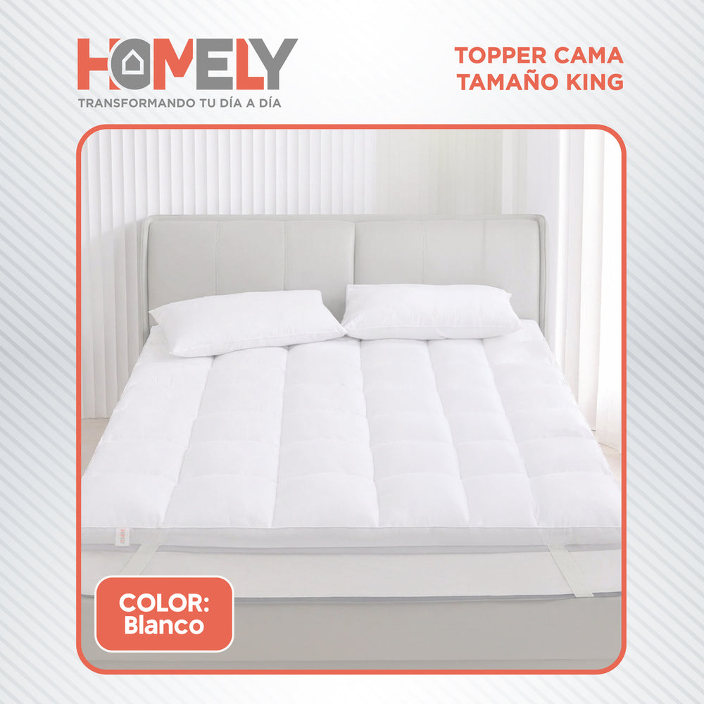 Topper Cubre Colchon King Homely Acolchado Hipoalergenico Eslastico Premium Blanco Protector Viscoelastico