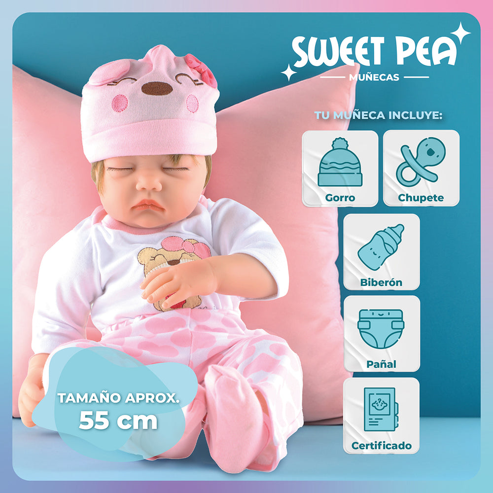 Bebé Reborn Ojos Cerrados Sweet Pea Realista Silicona 55 Cm