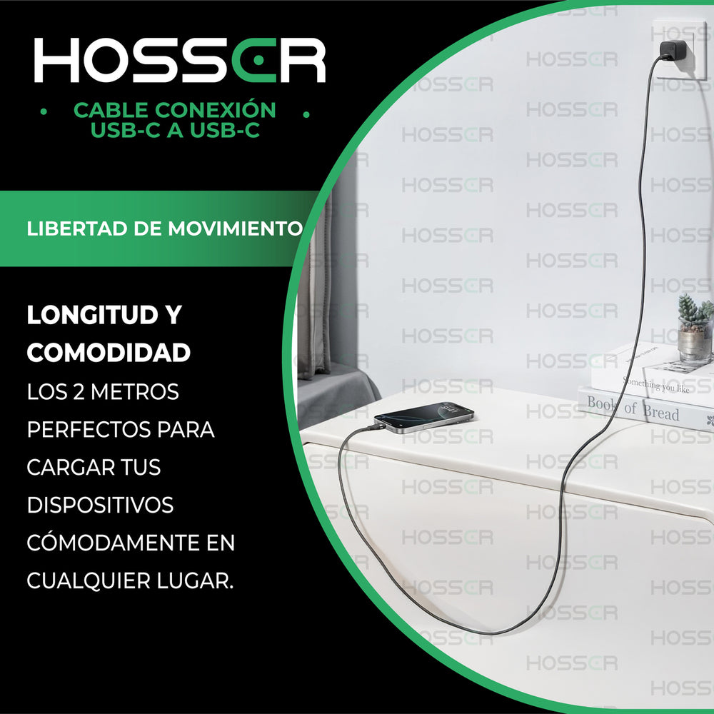 Cable Usb C A C 2 Metros Iphone Samsung Carga Rapida Hosser Negro