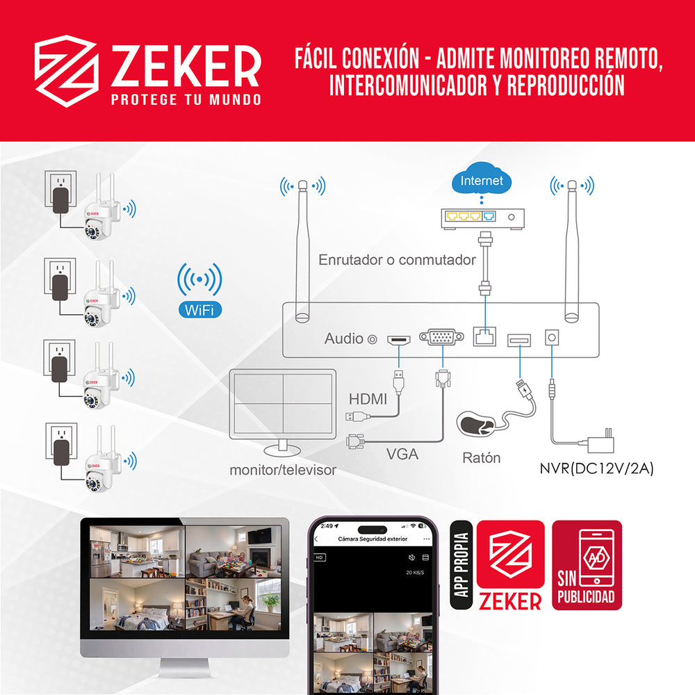 Sistema NVR 4 cámaras 1080P + disco duro 500 GB APP ZEKER