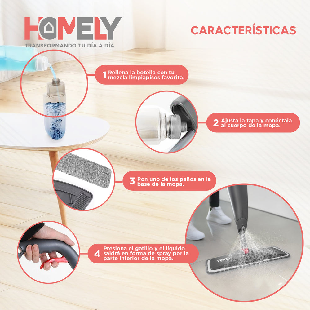 Mopa Plana 360° Spray Pulverizador Homely Microfibra Lavable