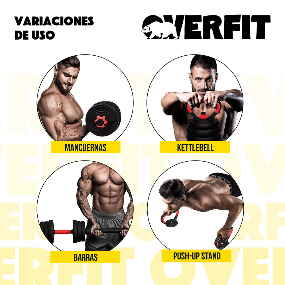 Set Mancuernas + Barra + Kettlebell Unibles Overfit 10kg
