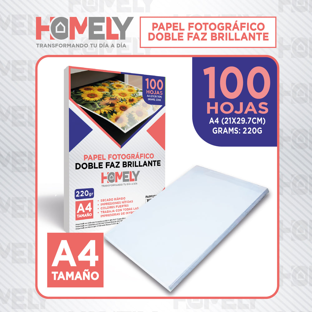 Papel Fotografico Doble Faz Glossy A4 220g Homely 100 Hojas Blanco