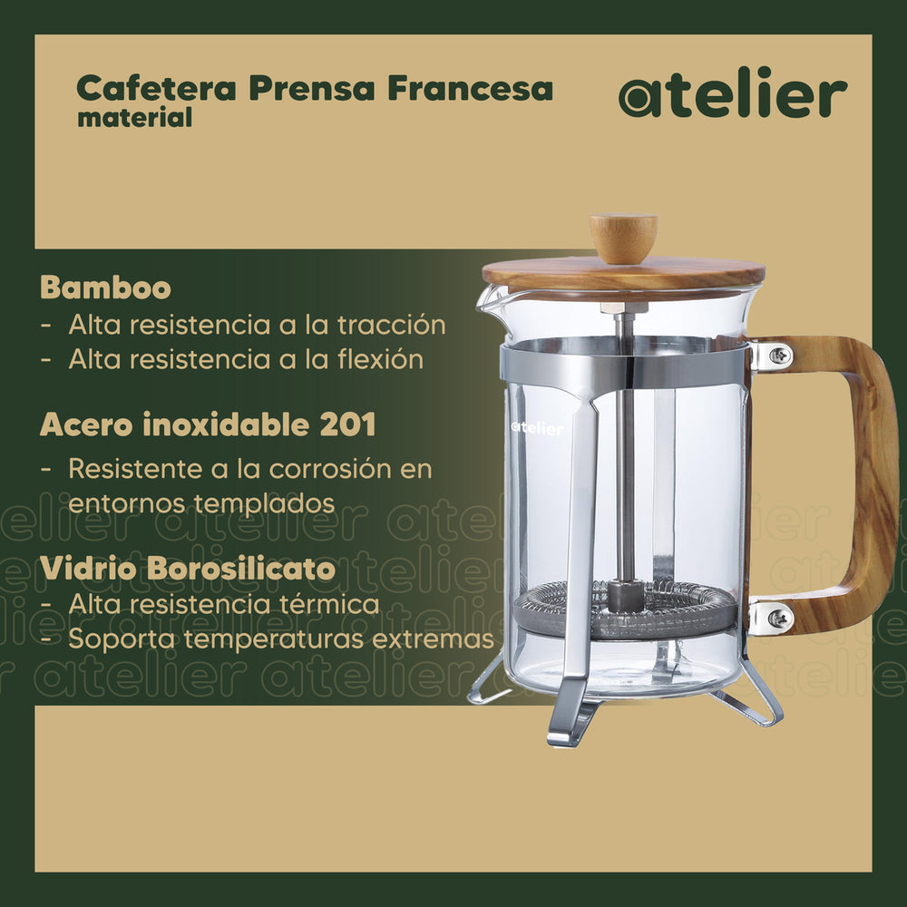 Cafetera Francesa 600ml Atelier Prensa Vidrio Acero Inoxidable Portatil Con Dosificador