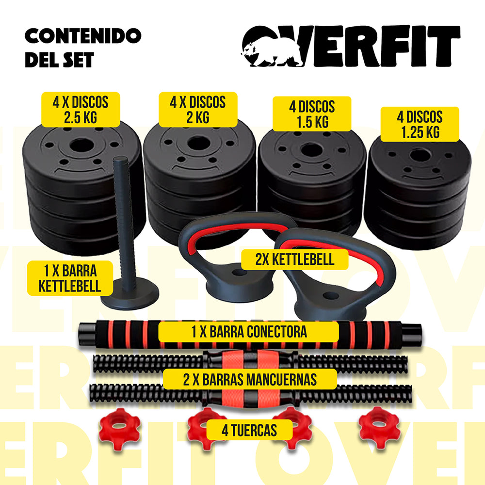 Set Mancuernas + Barra + Kettlebell Unibles Overfit 30kg