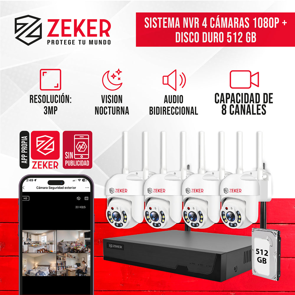 Sistema NVR 4 cámaras 1080P + disco duro 500 GB APP ZEKER