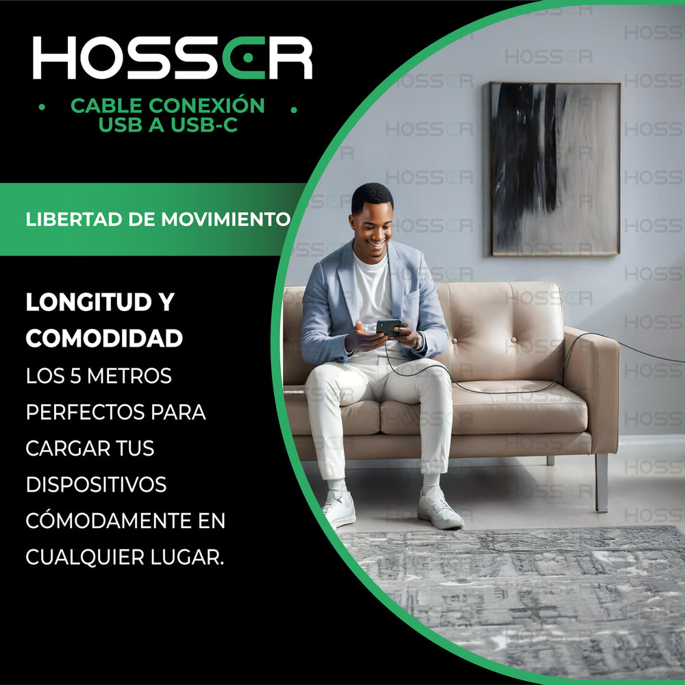 Cable Usb Tipo C To Usb 5 M Iphone Samsung Hosser Carga Rapi Negro