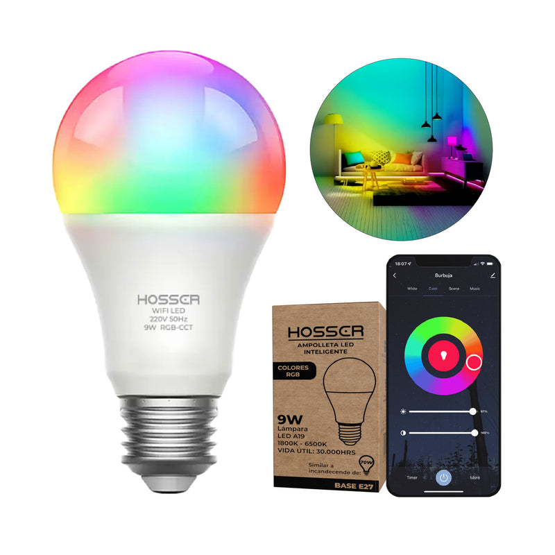 Ampolletas Led E27 Hosser Inteligente Led 9W RGB Alexa Google App Tuya