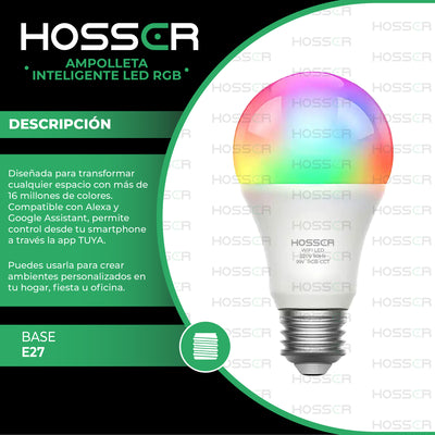 Ampolletas Led E27 Hosser Inteligente Led 9W RGB Alexa Google App Tuya