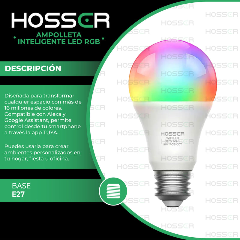 Ampolletas Led E27 Hosser Inteligente Led 9W RGB Alexa Google App Tuya