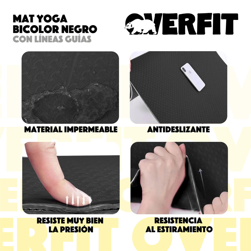Mat Yoga TPE Overfit 183x61cm 8mm Bicolor Negro Lineas