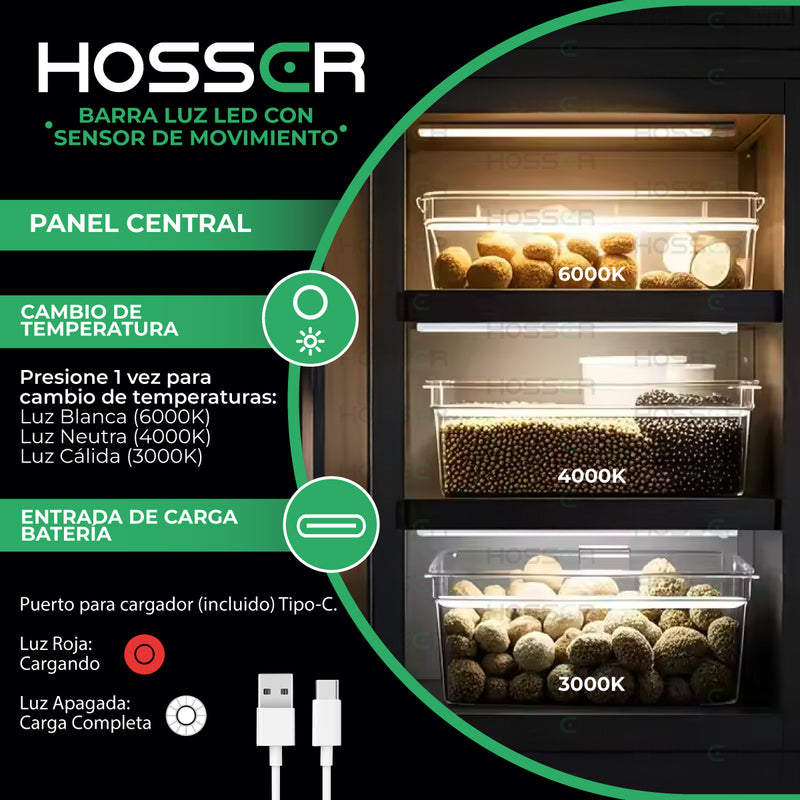 Aplique pared Luz Led Hosser Barra Portatil Dormitorio Closet Interior Exterior Con Sensor de Movimiento 30cm