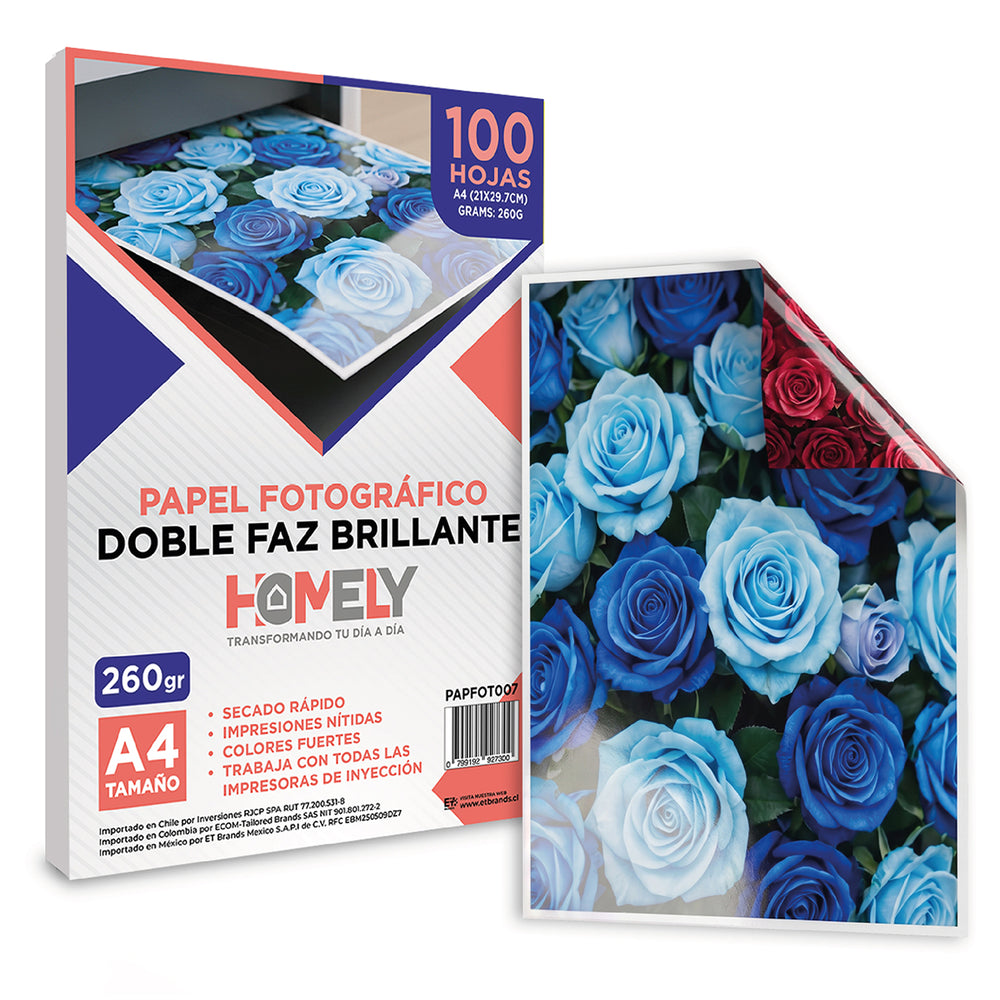 Papel fotográfico doble faz brillante A4 100 hojas 260 g