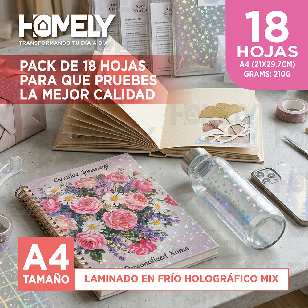 Papel Laminado Frio Holografico Adhesivo A4 Homely 18 Hojas Blanco