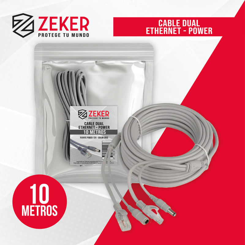 Cable Camara Seguridad Zeker Dual Extensor Dc Poder + Ethernet 10 Metros Universal 12v