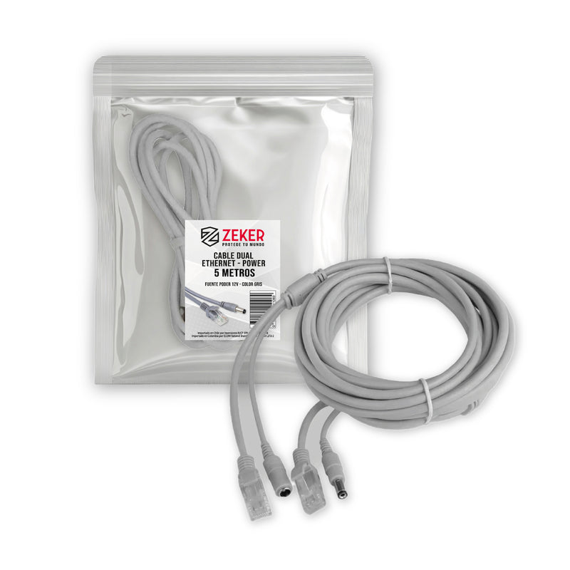 Cable Camara Seguridad Zeker Dual Extensor DC Poder + Ethernet 5 Metros Universal 12v