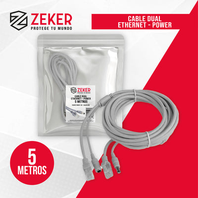 Cable Camara Seguridad Zeker Dual Extensor DC Poder + Ethernet 5 Metros Universal 12v
