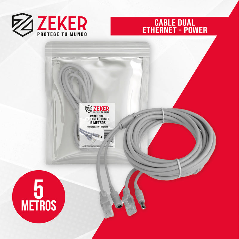 Cable Camara Seguridad Zeker Dual Extensor DC Poder + Ethernet 5 Metros Universal 12v