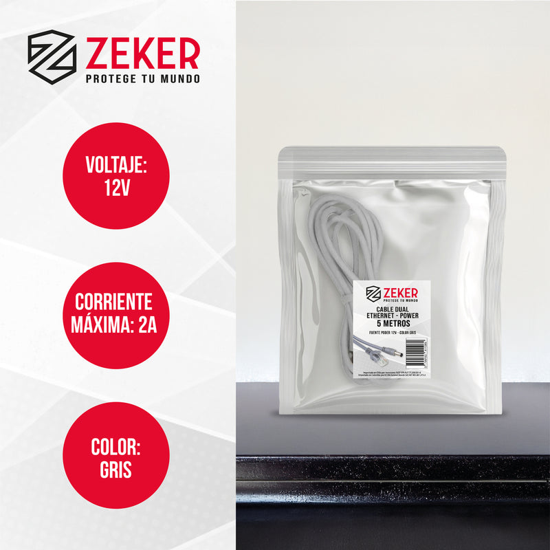 Cable Camara Seguridad Zeker Dual Extensor DC Poder + Ethernet 5 Metros Universal 12v