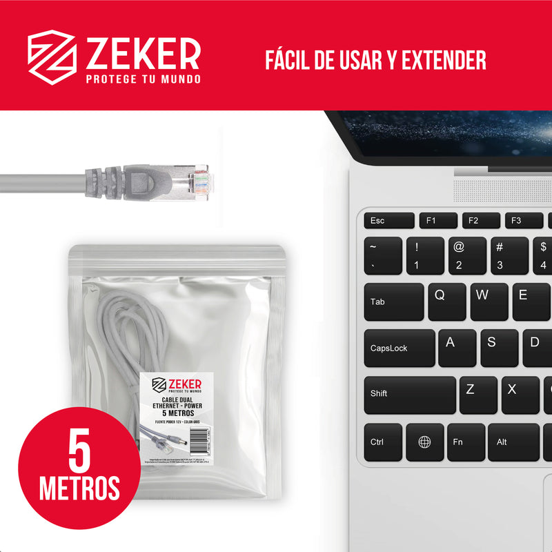 Cable Camara Seguridad Zeker Dual Extensor DC Poder + Ethernet 5 Metros Universal 12v