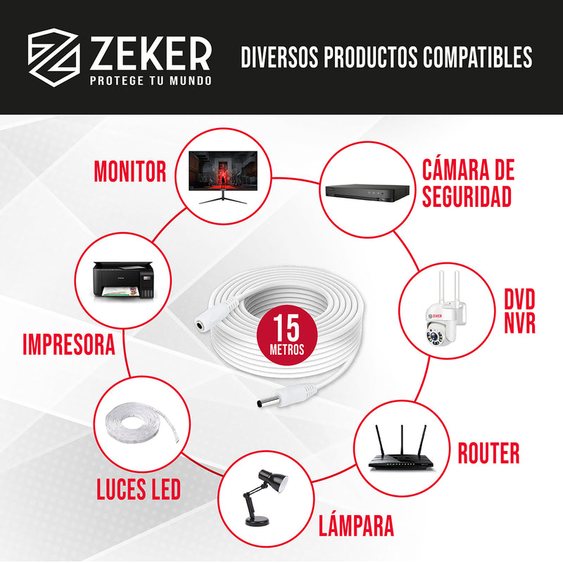 Cable Camara Seguridad Zeker Extensor Universal 15 Mts 12v