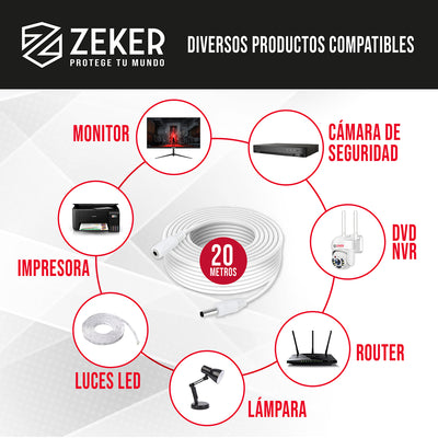 Cable Camara Seguridad Zeker Extensor Universal 20 Mts 12v