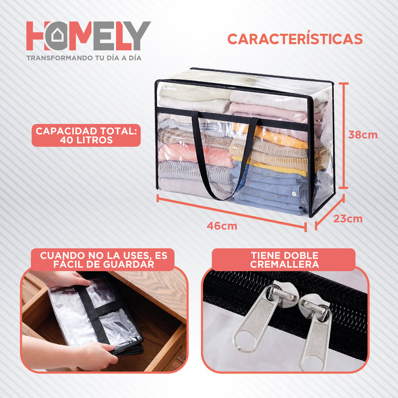 Bolsas Organizadoras Almacenamiento Homely Cajas plasticas Pvc Transparente 40 Litros Set X4