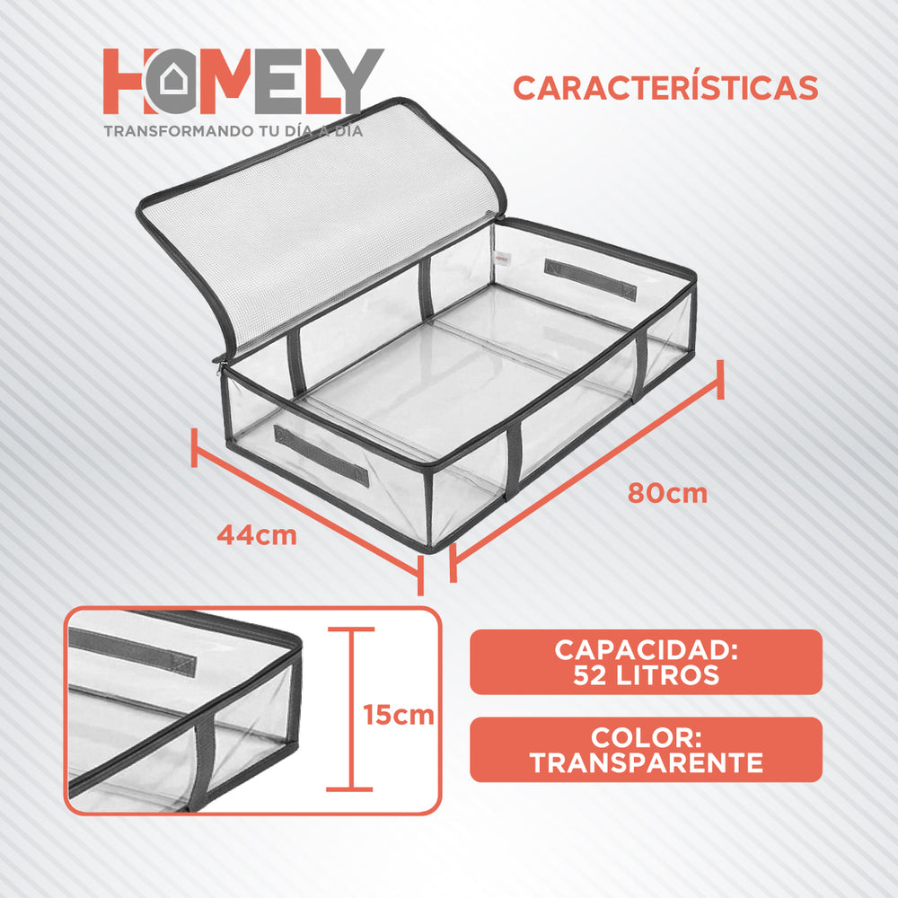 Medidas de la bolsa organizadora: 80 x 44 x 15 cm, 52 litros, transparente